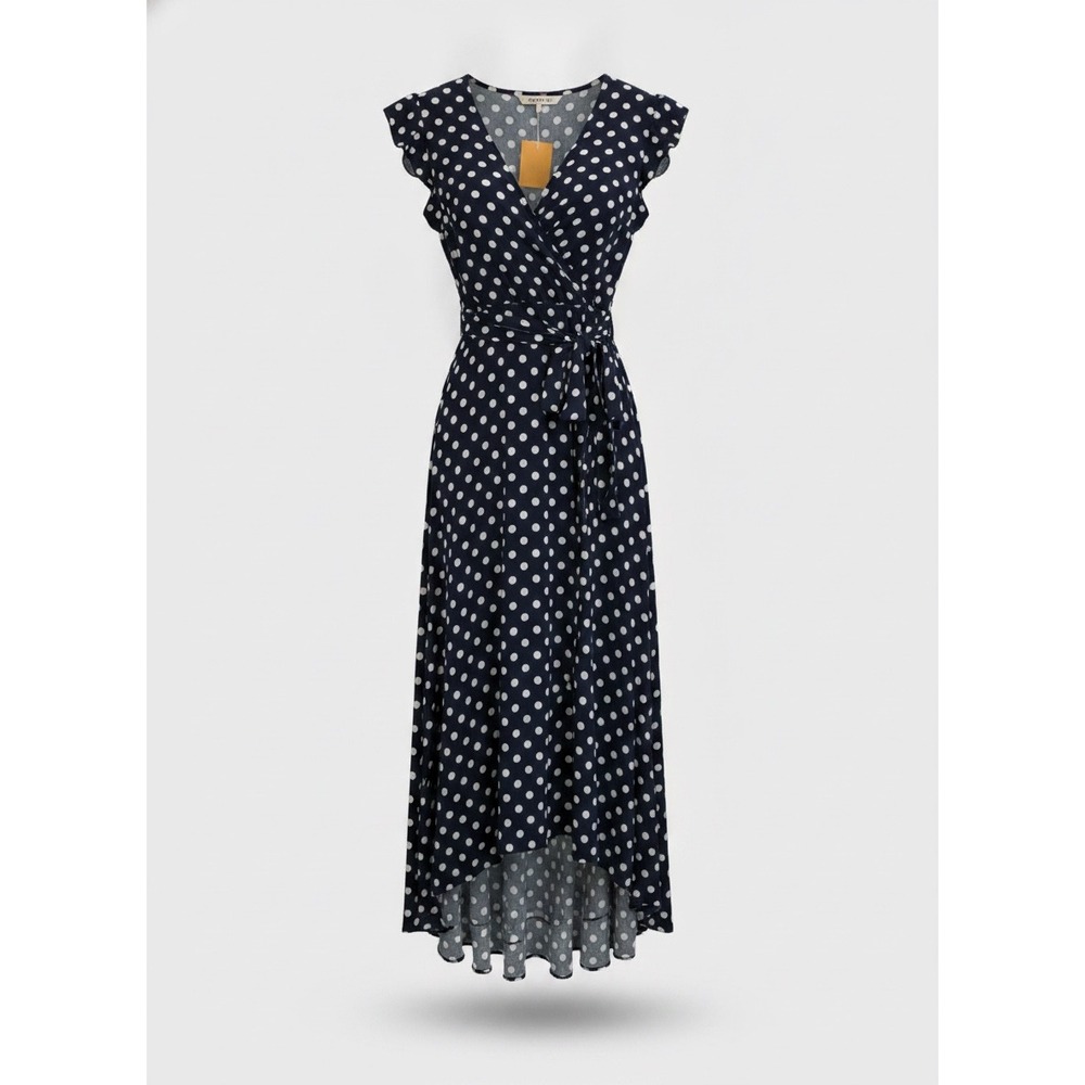 Grecerelle Navy Polka Dot Wrap Dress Ruffle Cap Sleeve High Low Hem XL